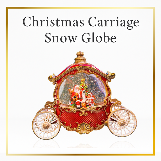 Christmas Carriage Snow Globe with Santa inside, red and gold design.
