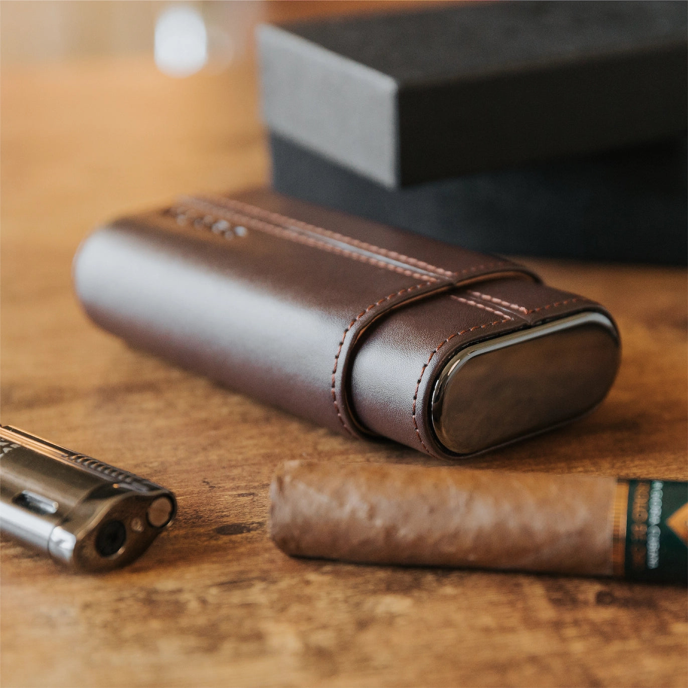 Leather and cedar travel cigar case in cocoa brown with gunmetal accents
