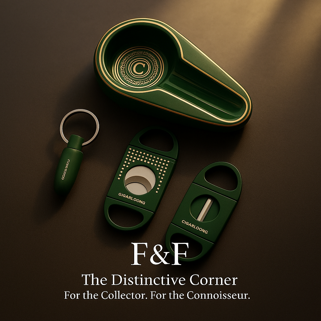 Cigar cutter and V-cut punch with matching ceramic ashtray