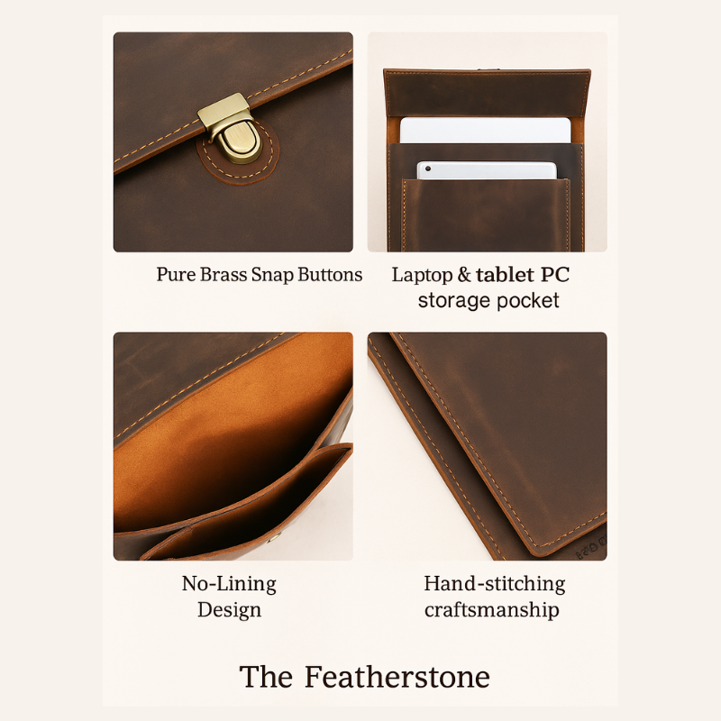 Luxury handcrafted leather laptop sleeve with vintage cowhide and Featherstone finish, perfect for elegant protection.