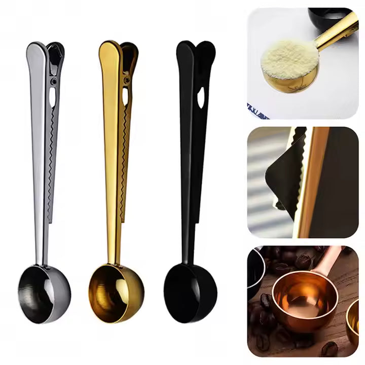 Stainless-steel coffee scoop clip with minimalist Fable & Feather box.