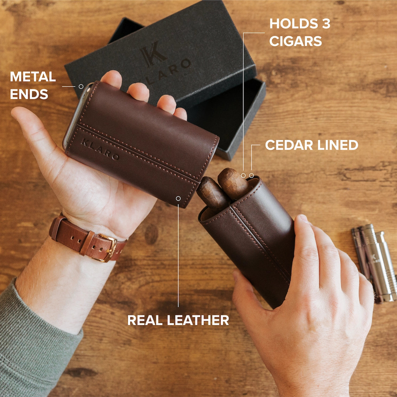 Compact cigar travel case with reinforced stitching and smooth finish