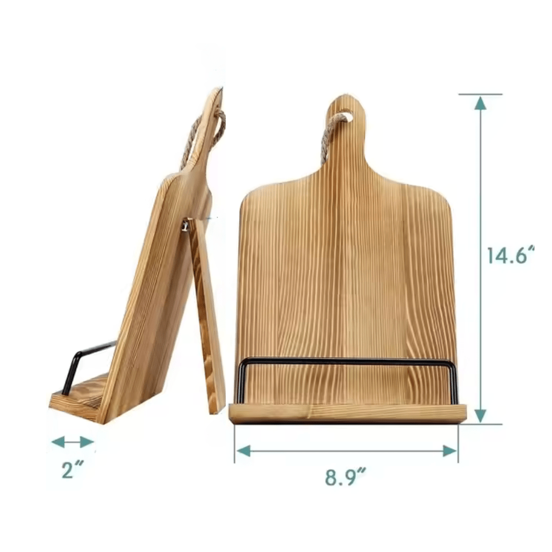 Adjustable wooden cookbook stand with rope handle and folding back support.