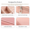 Travel jewelry case features – soft lining, smooth zipper, waterproof PU leather, and durable stitching.