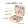Functional layout of travel jewelry case showing necklace hooks, ring slots, earring holes, and storage compartments.