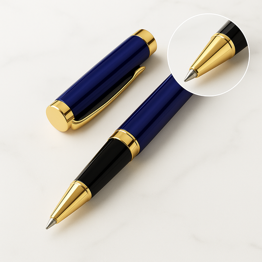 Luxury Blue & Gold Rollerball Pen – Stainless Steel, Black Ink.