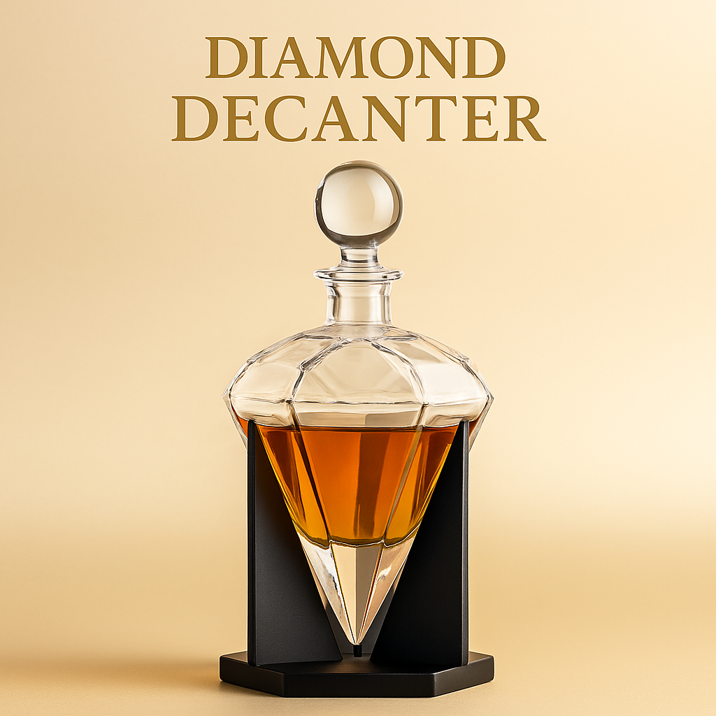 Diamond-Cut Crystal Decanter with Wood Base.
