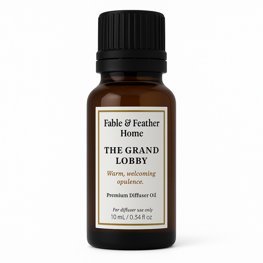 The Grand Lobby diffuser oil 10 ml amber bottle – warm, elegant, hotel-inspired home scent by Fable & Feather Home.
