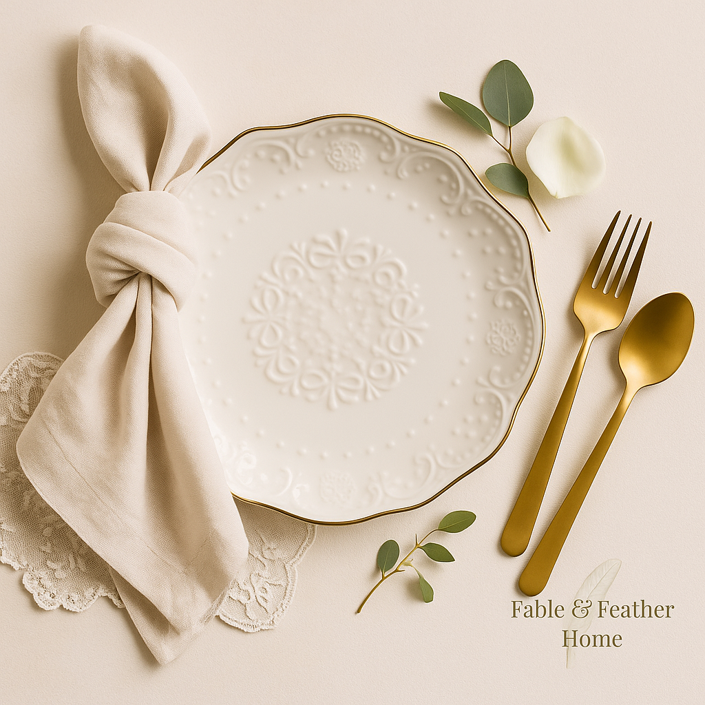 Elegant dessert plate styled with linen napkin and gold cutlery

