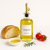 Elegant oil bottle set displayed with bread and tomatoes