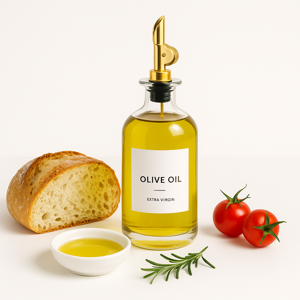 Elegant oil bottle set displayed with bread and tomatoes