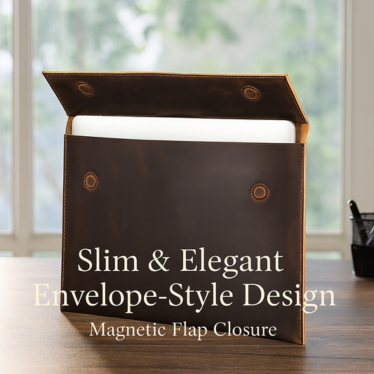 Slim Leather Laptop Sleeve – 13–16 Inch Envelope Style with Magnetic Flap.