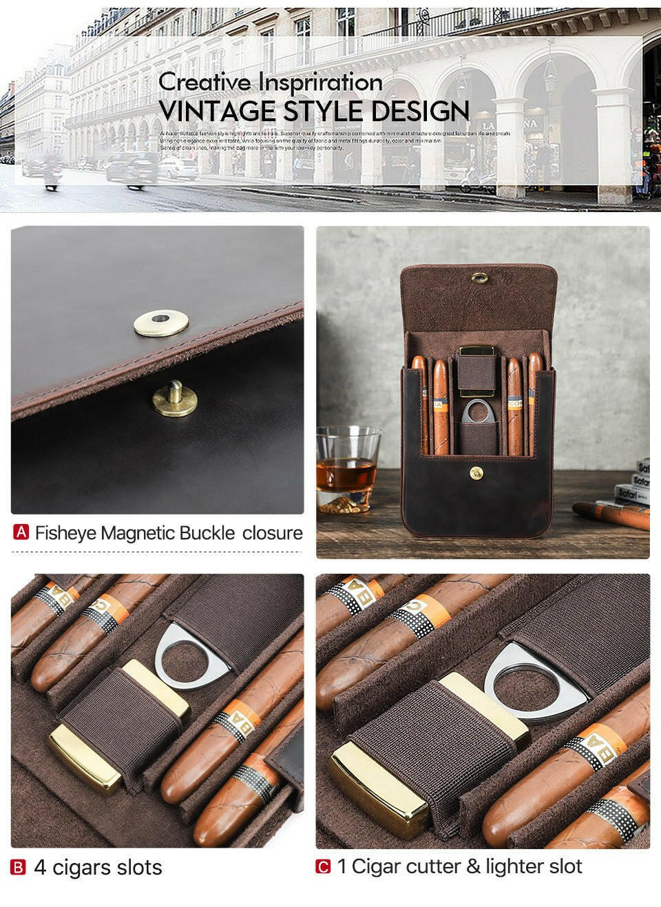 Kingsley Leather Travel Humidor: Vintage crazy horse leather cigar case for 6 cigars with suede lining and snap closure