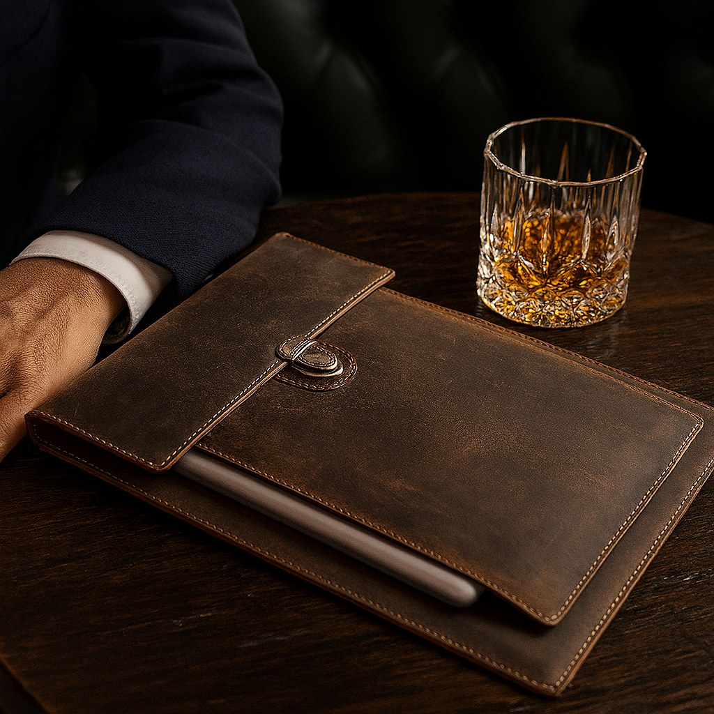 Luxury handcrafted leather laptop sleeve with vintage cowhide and Featherstone finish, perfect for elegant protection.