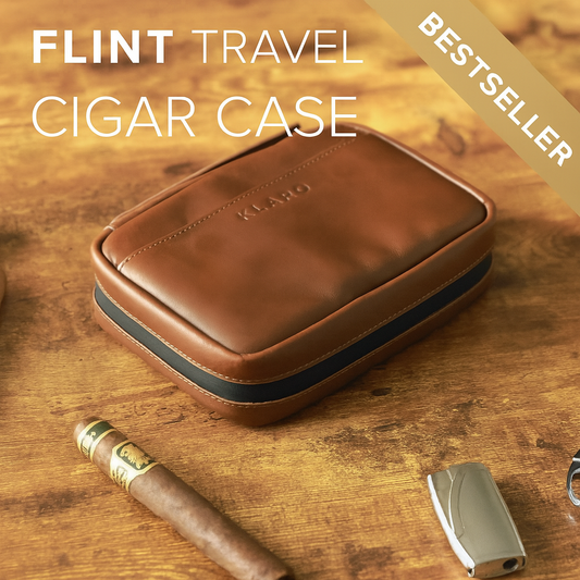 The Flint brown Italian leather cigar travel case on wood surface