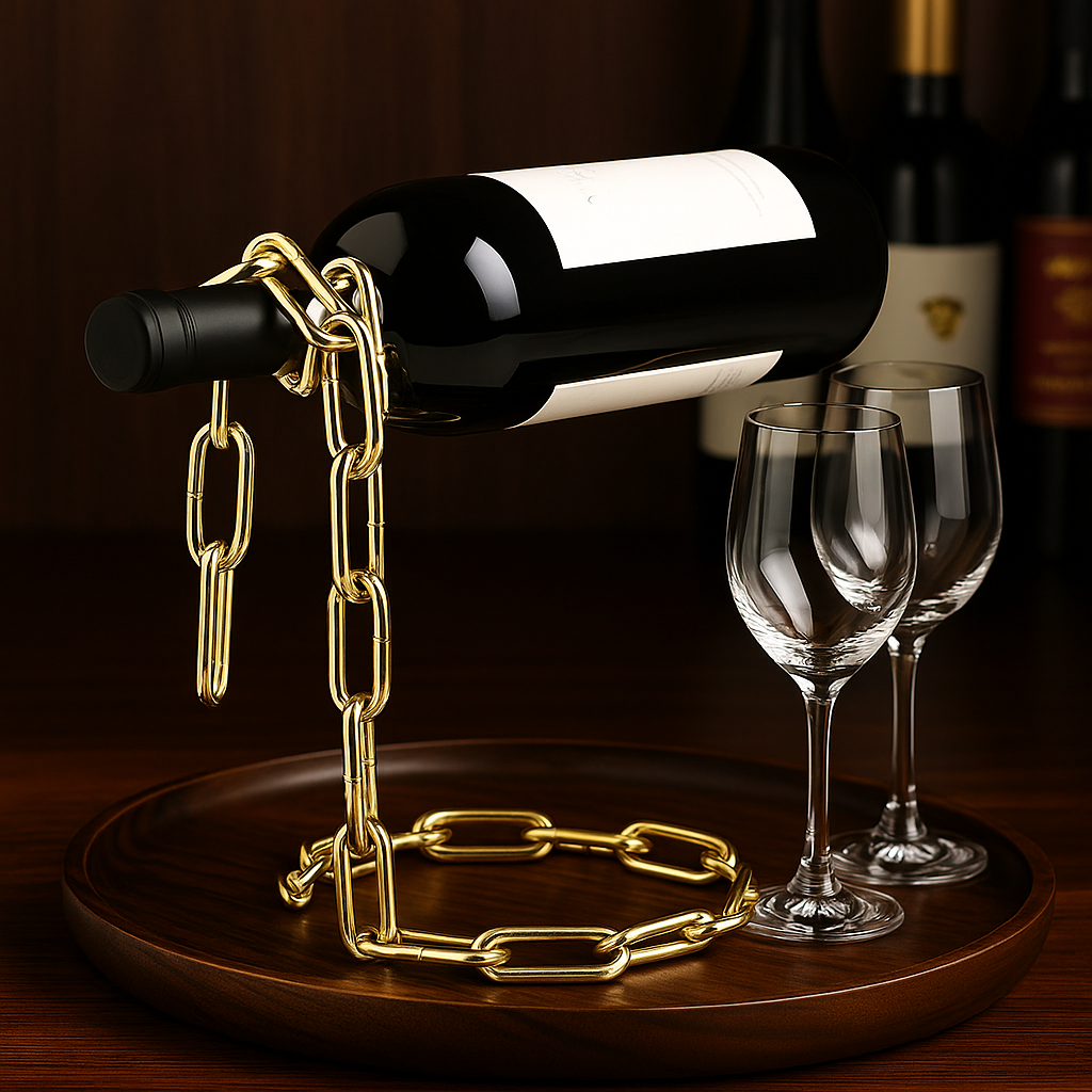 Floating chain wine bottle holder in gold finish – luxury bar decor