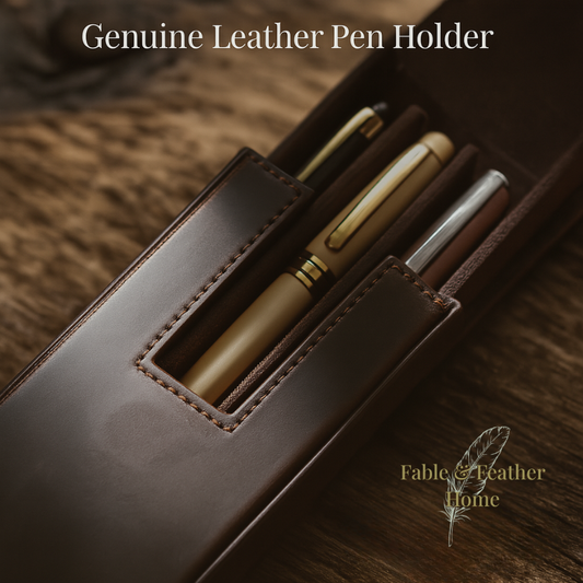 Full-grain leather pen case with suede lining and magnetic closure