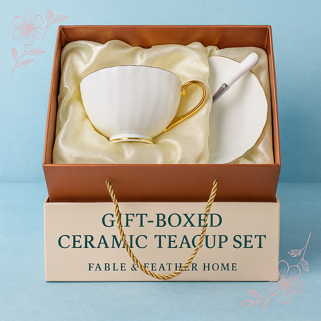 Elegant gold rimmed ceramic teacup with saucer and spoon, luxury tea set gift box perfect for teacup lovers in Canada