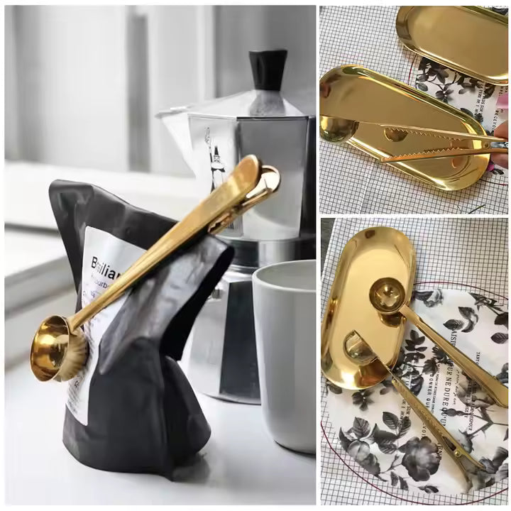 Elegant gold coffee scoop clip resting on patterned plate with coffee beans.