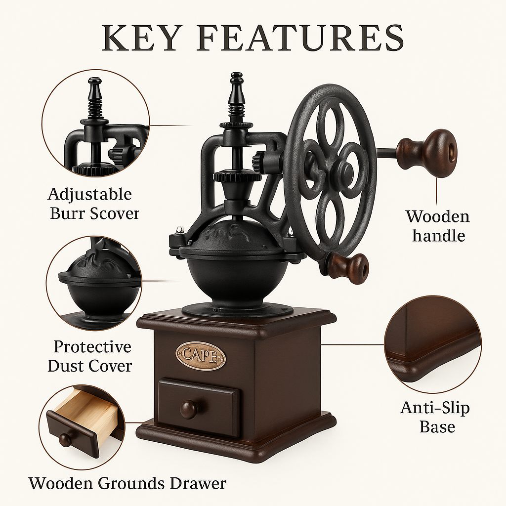 Vintage coffee grinder manual cast iron grinder hand-crank burr for rustic slow brew and barista accessories