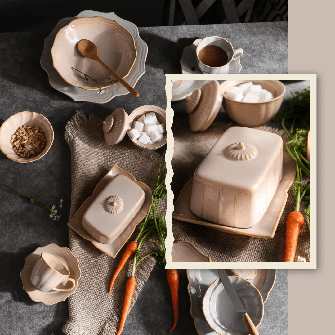 Hand-glazed french vintage butter keeper used in rustic kitchen setting.