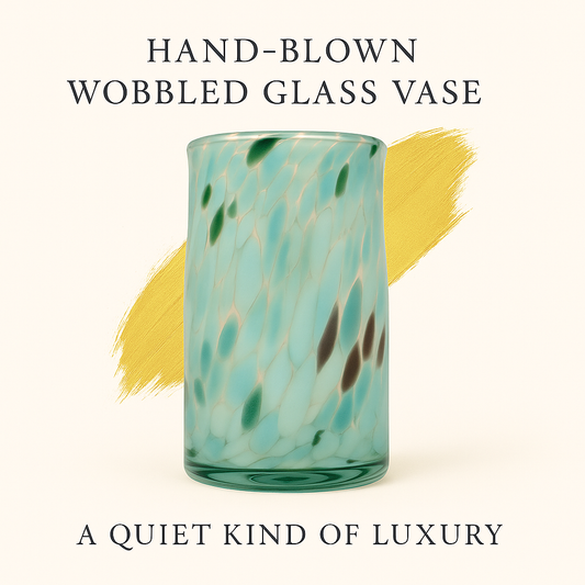 Hand-blown wobbled glass vase in turquoise marbled design with gold accent.