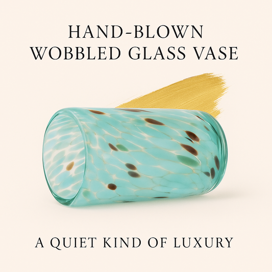 Hand-blown wobbled glass vase in turquoise marbled design, lying on its side with gold accent.