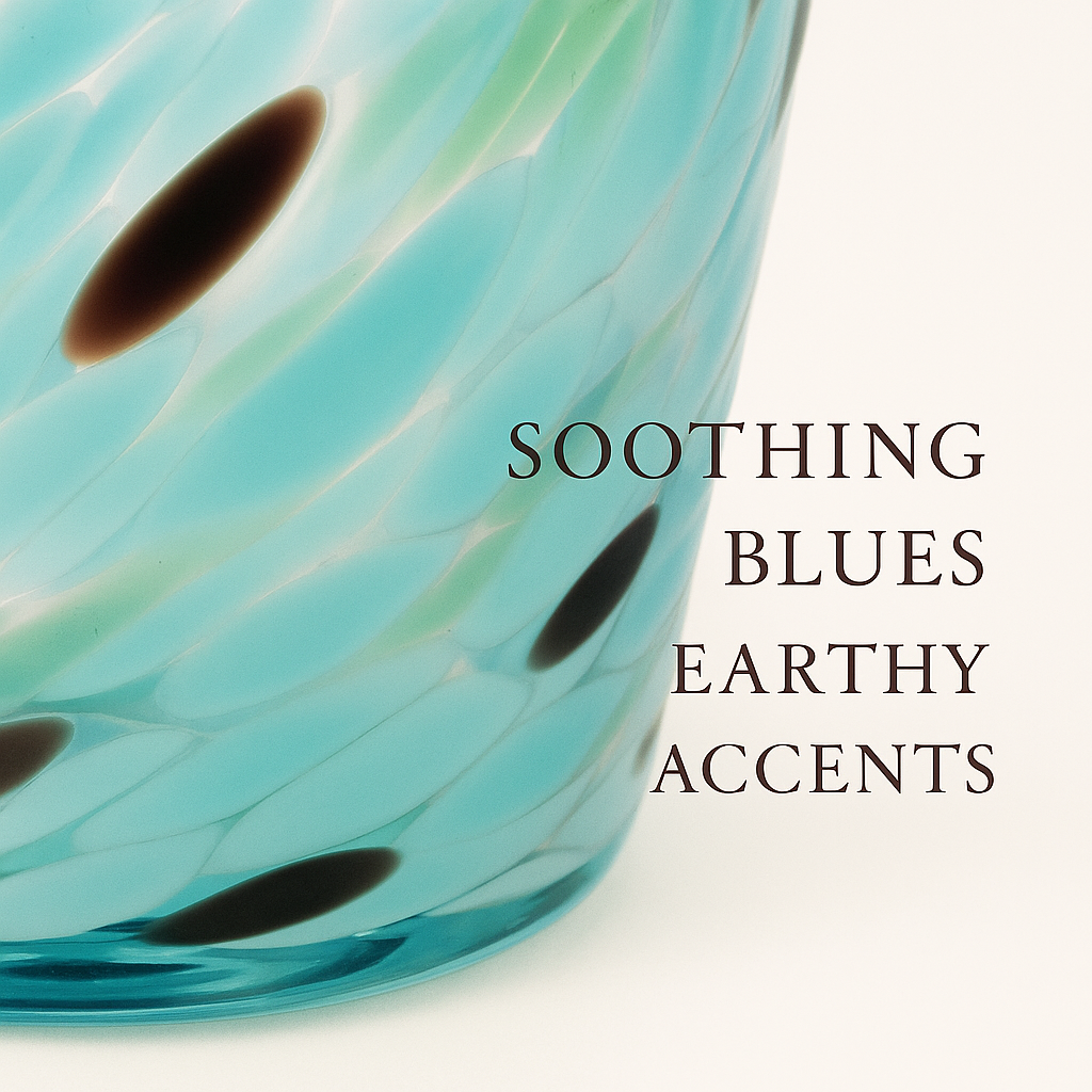 Close-up of hand-blown turquoise marbled glass vase showing wobbled texture and earthy details.