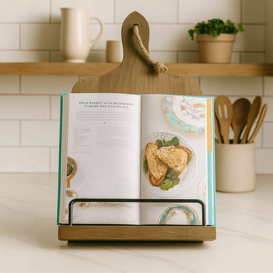 Handcrafted wooden cookbook stand holding open recipe book in rustic kitchen setting.