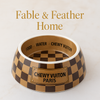 Brown Check Designer Dog Bowl on marble surface – luxury pet bowl by Fable & Feather Home