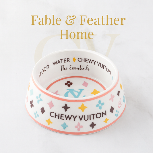 Chewy Vuiton luxury dog bowl with non-skid base in small, medium, and large sizes