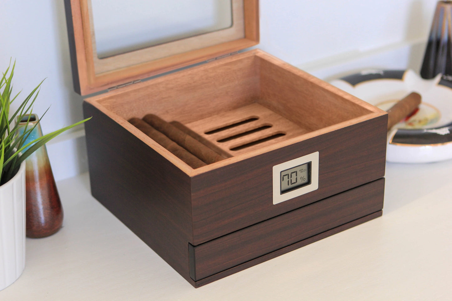 Renzo luxury glass-top cedar humidor with hygrometer - premium cigar storage box for aficionados