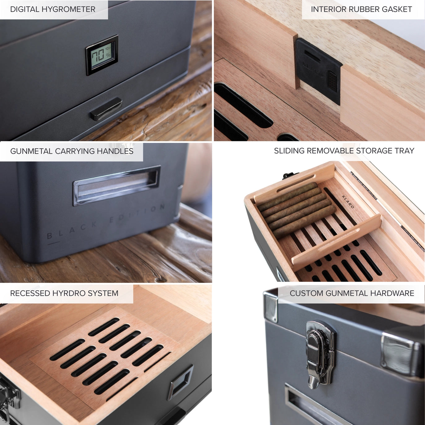 Luxury Military Humidor Cabinet featuring black ash, gold accents, PEG-organized drawers, and Hydro Tray humidity control.