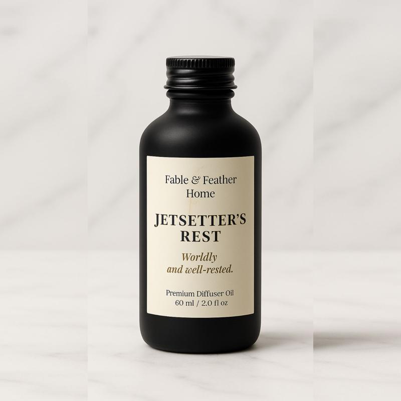 Jetsetter's Rest diffuser oil featuring lavender, eucalyptus, and chamomile for calming, hotel-inspired fragrance