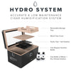 Luxury Military Humidor Cabinet featuring black ash, gold accents, PEG-organized drawers, and Hydro Tray humidity control.