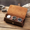 Brown leather watch roll with suede lining and three compartments