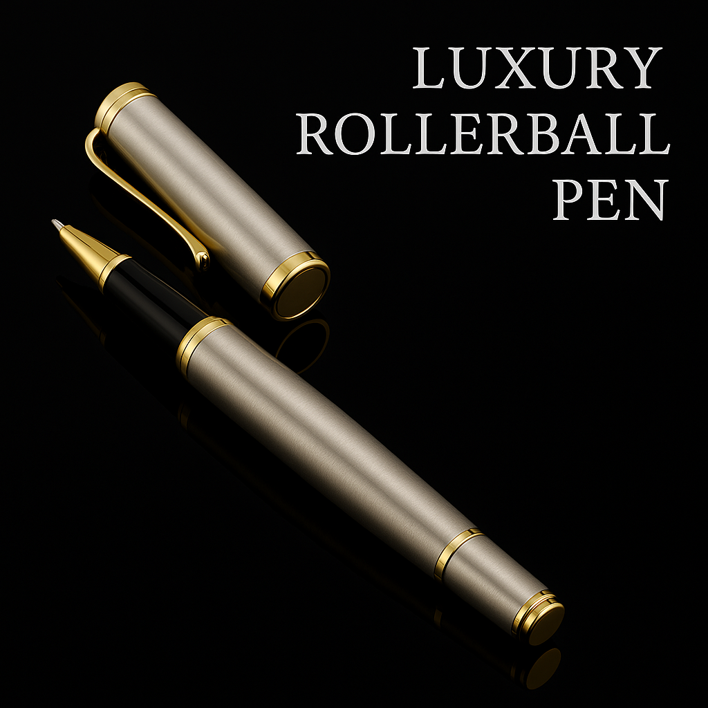 Luxury champagne finish rollerball pen with polished gold accents, perfect executive gift and premium writing accessory