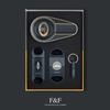 Luxury cigar accessory set presented in black velvet-lined gift box