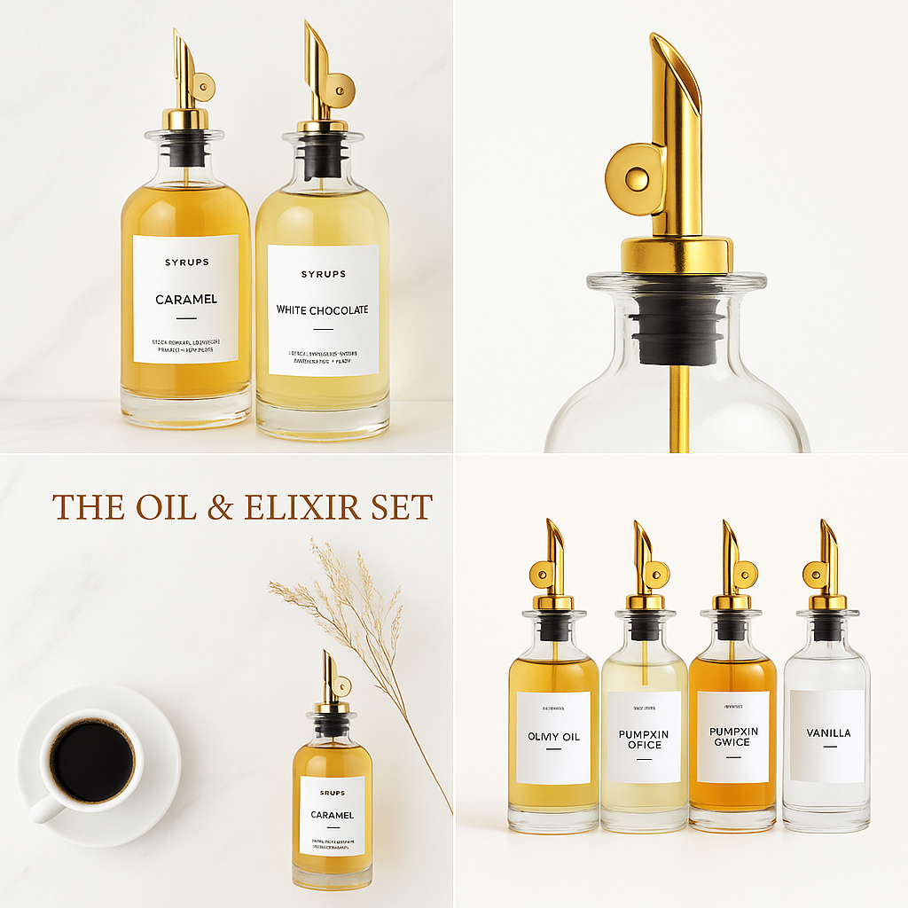 Luxury glass pour bottle set for oils, vinegars and syrups
