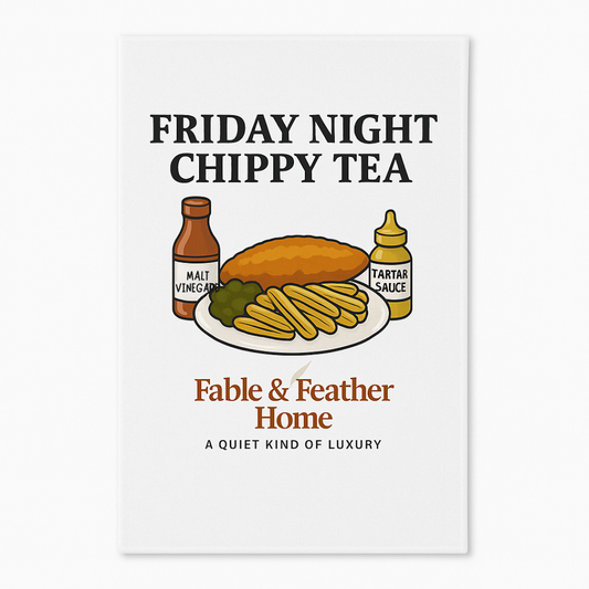 Funny British tea towel with fish and chips illustration — Fable & Feather Home.
