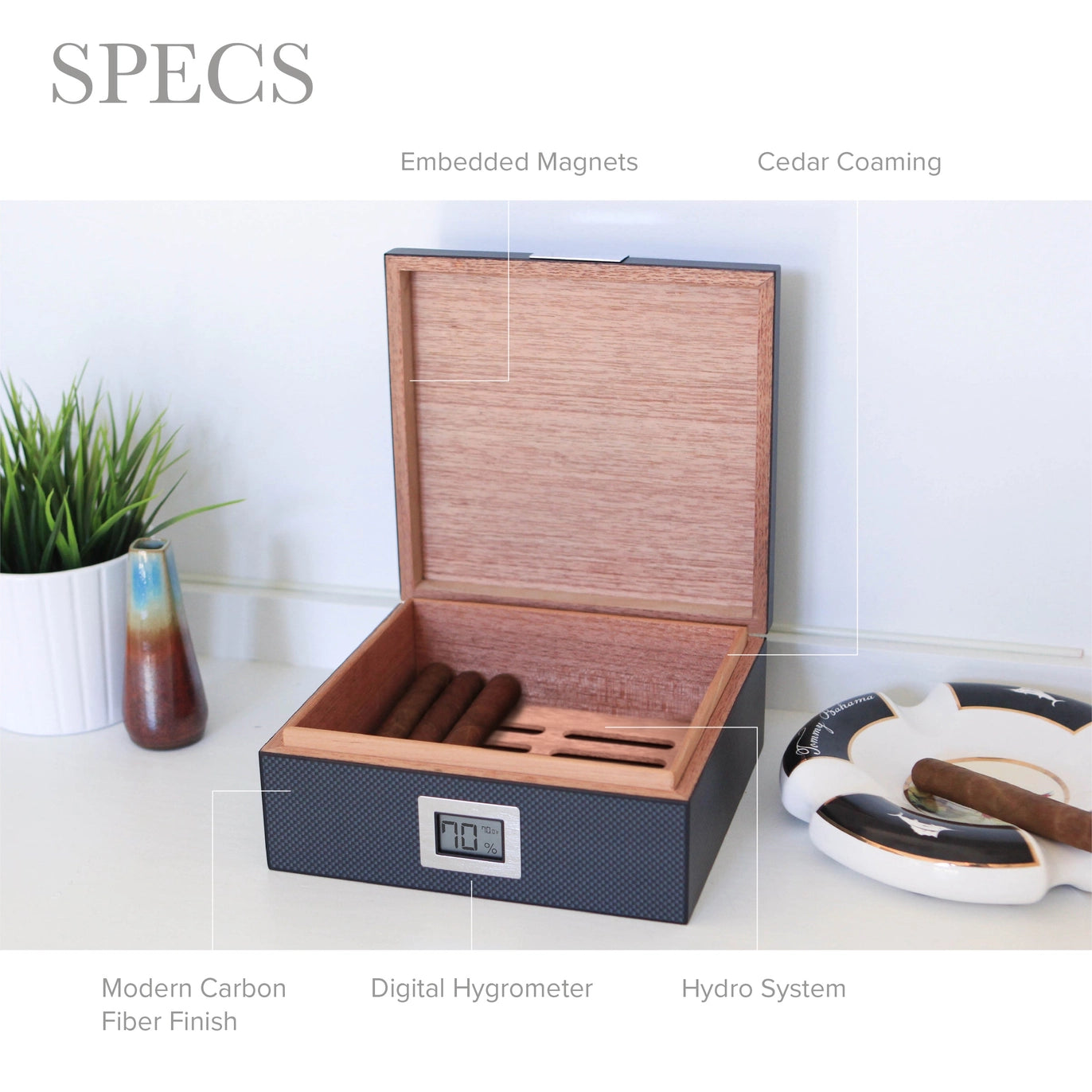 Modern cigar humidor on office desk with cigars displayed
