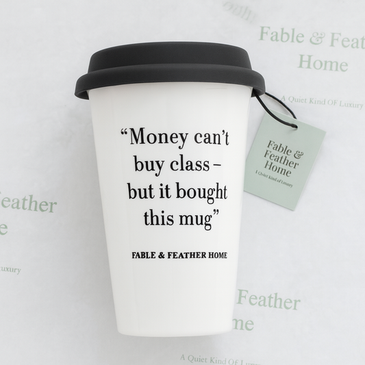 Funny ceramic travel mug with “Money Talks” quote — cheeky British mug by Fable & Feather Home.