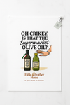 Funny British Tea Towel – Supermarket Olive Oil Laying On A Marble Counter