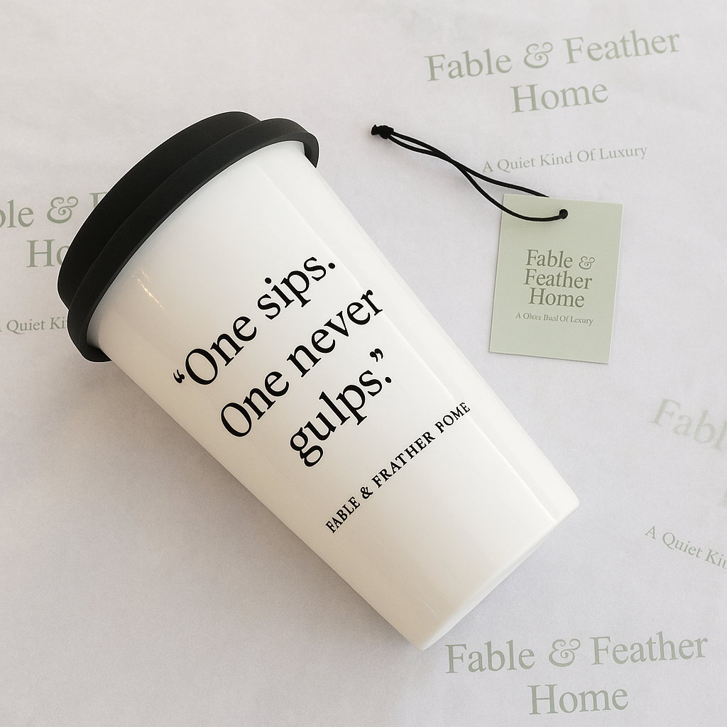 Elegant ceramic travel mug with “One Sips, One Never Gulps” quote — posh British mug by Fable & Feather Home.