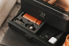 Luxury Military Humidor Cabinet featuring black ash, gold accents, PEG-organized drawers, and Hydro Tray humidity control.