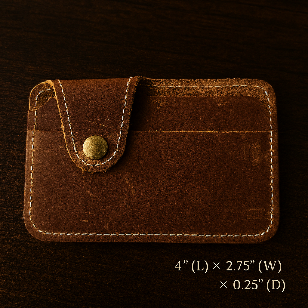 Handmade leather card holder with snap closure and stitching detail