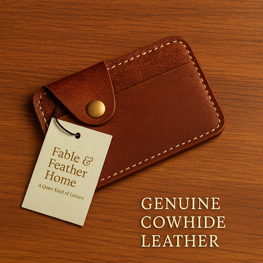 Tan full-grain Crazy Horse leather card sleeve on wooden surface