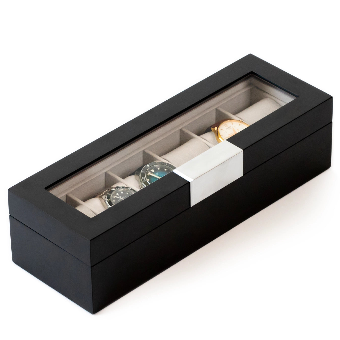 Luxury 6-slot watch case for men with brushed steel clip
