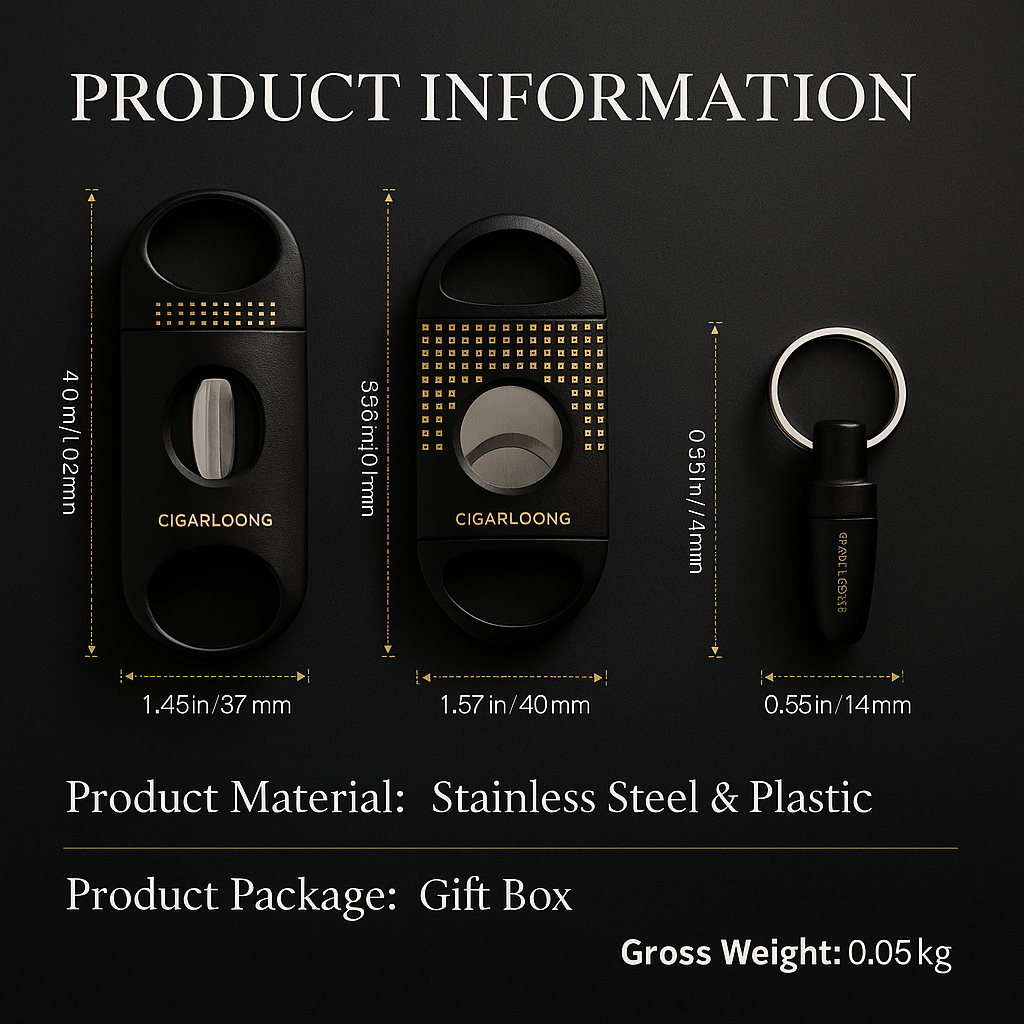 CIGARLOONG cigar set product details on dark slate background, luxury cutter and punch tools.