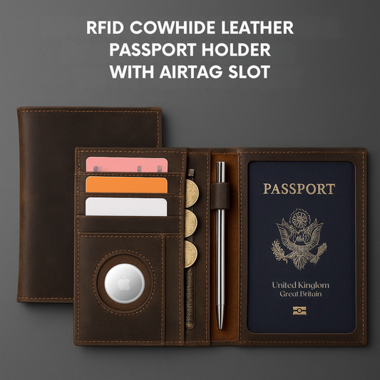 RFID Passport Wallet in luxury leather with AirTag holder, perfect RFID blocking travel case for secure journeys